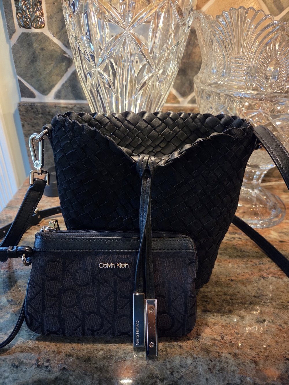 Calvin Klein Black Woven Bucket Bag with Signature Wristlet